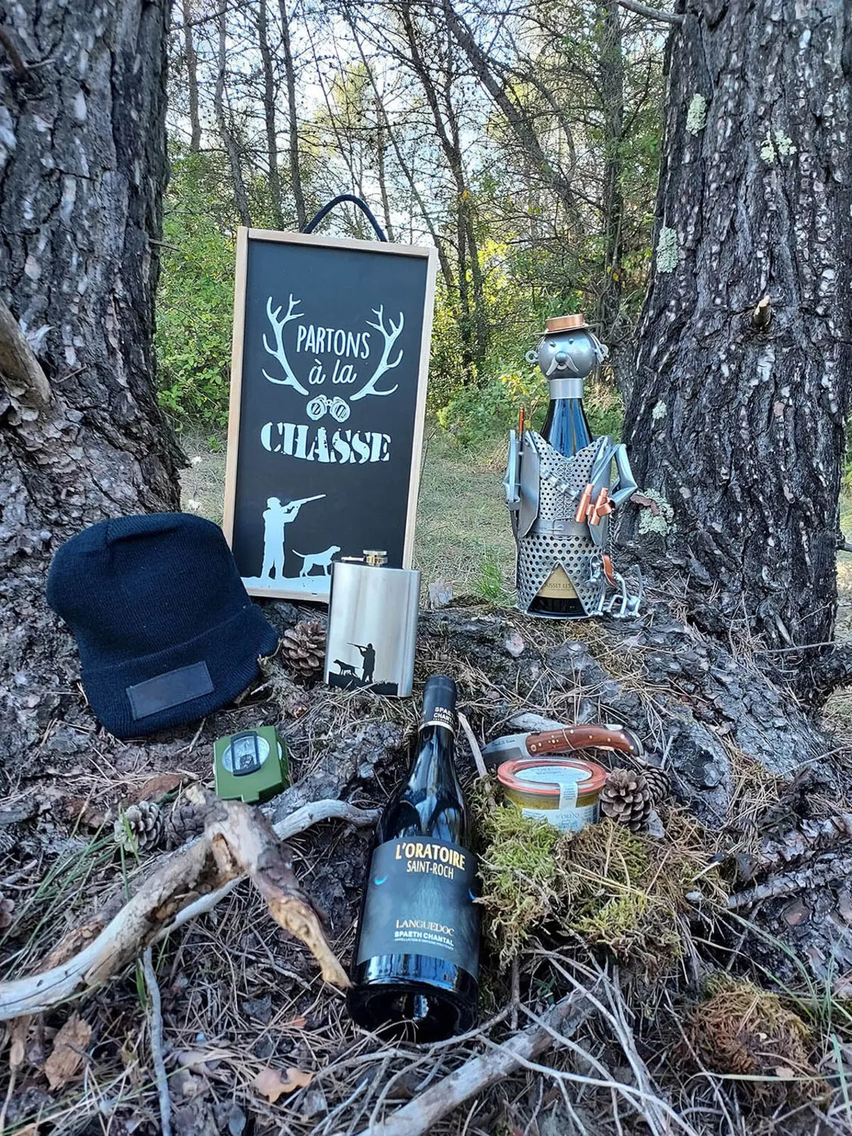 Coffret chasse Franquin bois 3 accessoires pour 1 bouteille-Partons à la Chasse