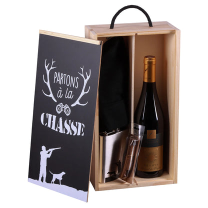 Coffret chasse Franquin bois 3 accessoires pour 1 bouteille-Partons à la Chasse