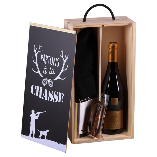 Coffret chasse Franquin bois 3 accessoires pour 1 bouteille-Partons à la Chasse