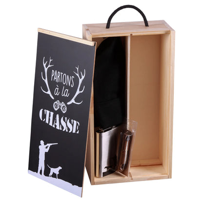 Coffret chasse Franquin bois 3 accessoires pour 1 bouteille-Partons à la Chasse