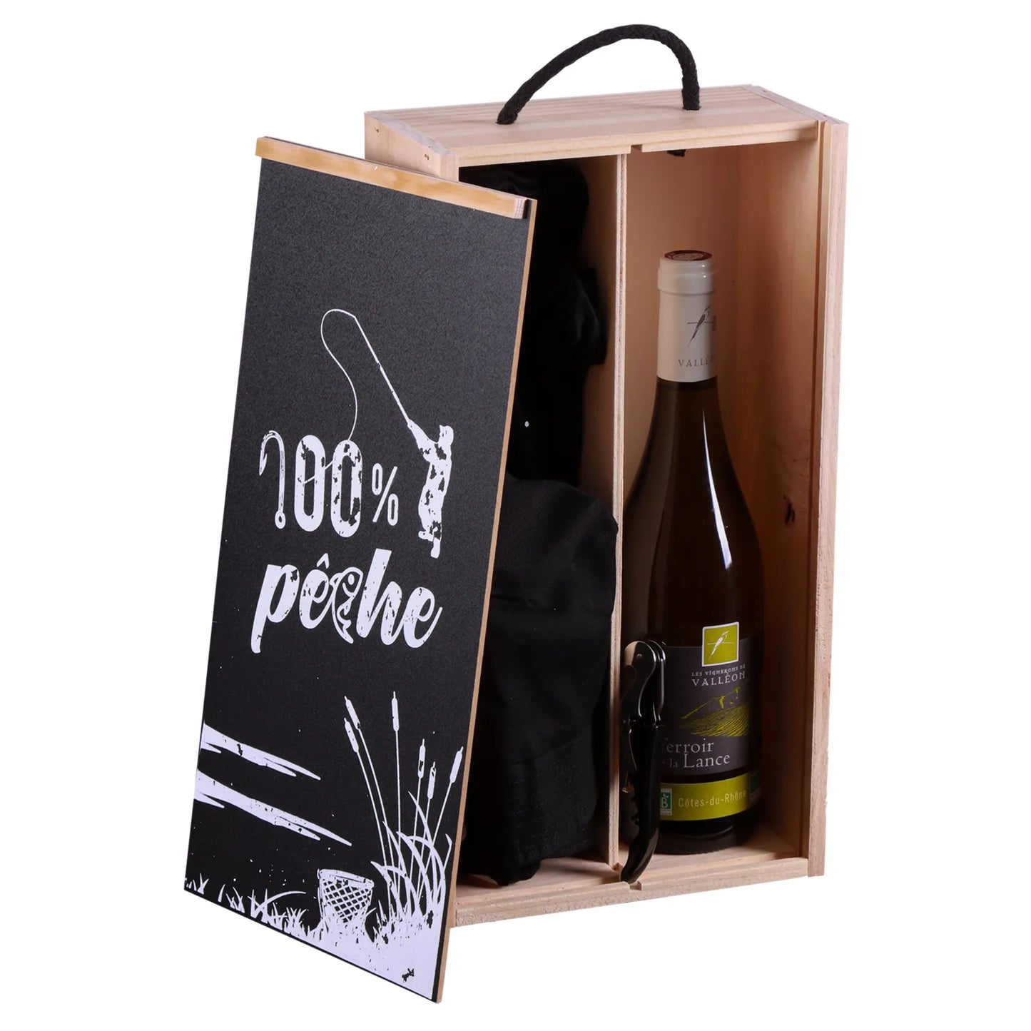 Coffret pêche Colin bois 4 accessoires pour 1 bouteille - 100% pêche