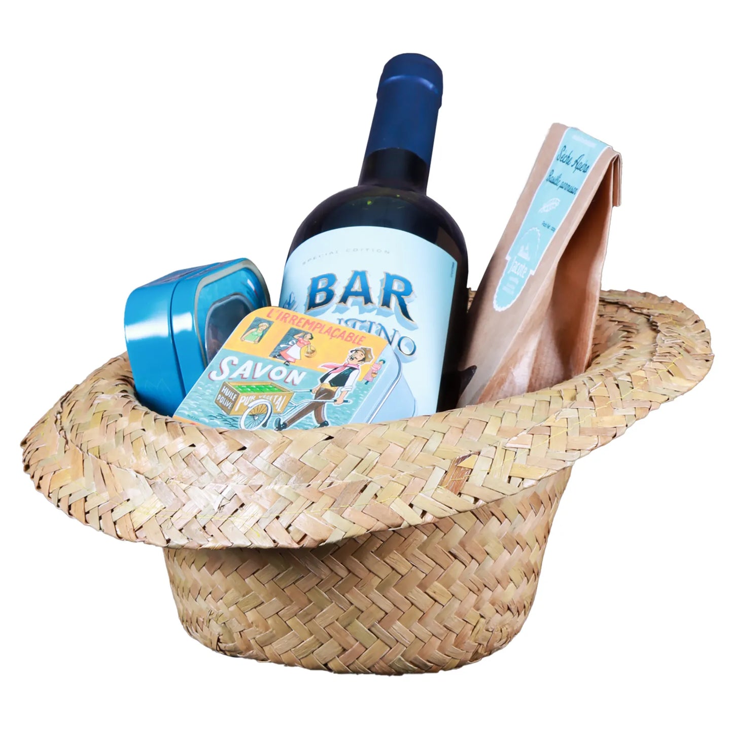 Chapeau Ernest paille bandeau bleu/blanc - Lapéro cest la vie !