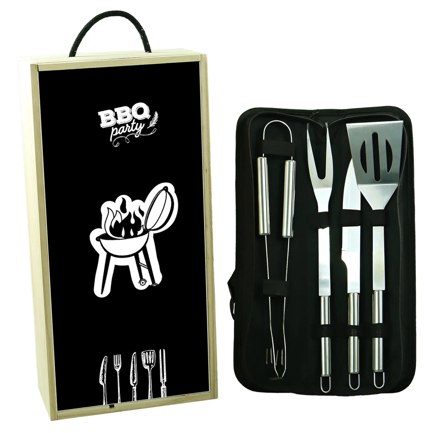 Coffret BBQ Fernando bois 5 accessoires magnum/2 bouteilles  - BBQ Party