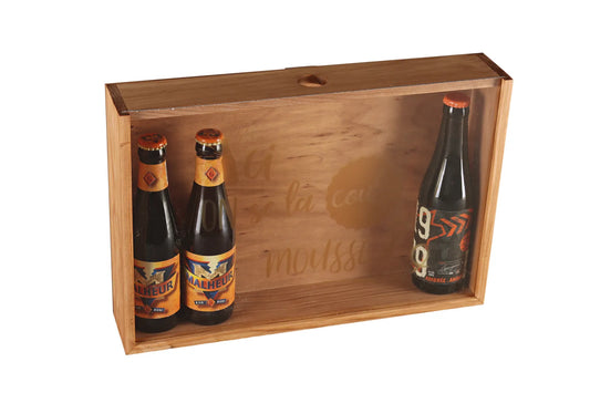 Castel pine wood crate, cappuccino stain, 6 beers - Here we take it easy with the foam