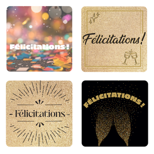 Etiquette adhésive carrée - Félicitations (boîte de 500 set de 4 assorties)