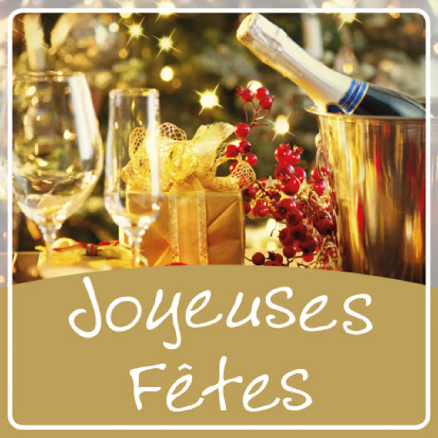 Etiquette adhésive carrée quadri/or - Joyeuses Fêtes (boîte de 500)