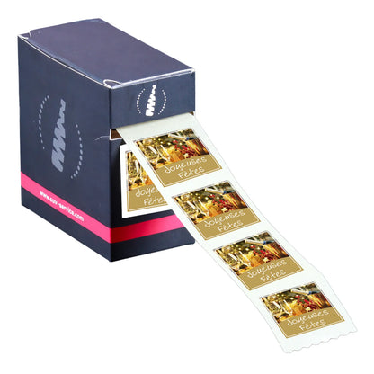 Etiquette adhésive carrée quadri/or - Joyeuses Fêtes (boîte de 500)
