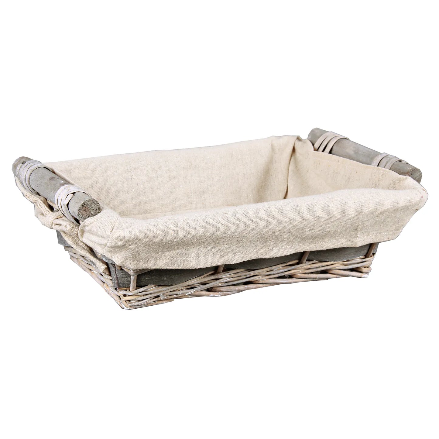 Jade basket, wicker/wood, anthracite beige fabric, rectangular, 38x28x10cm