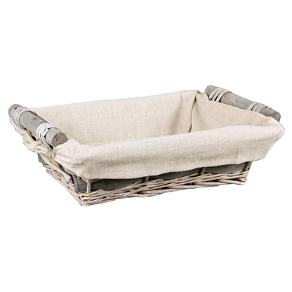 Jade basket, wicker/wood, anthracite beige fabric, rectangular, 38x28x10cm