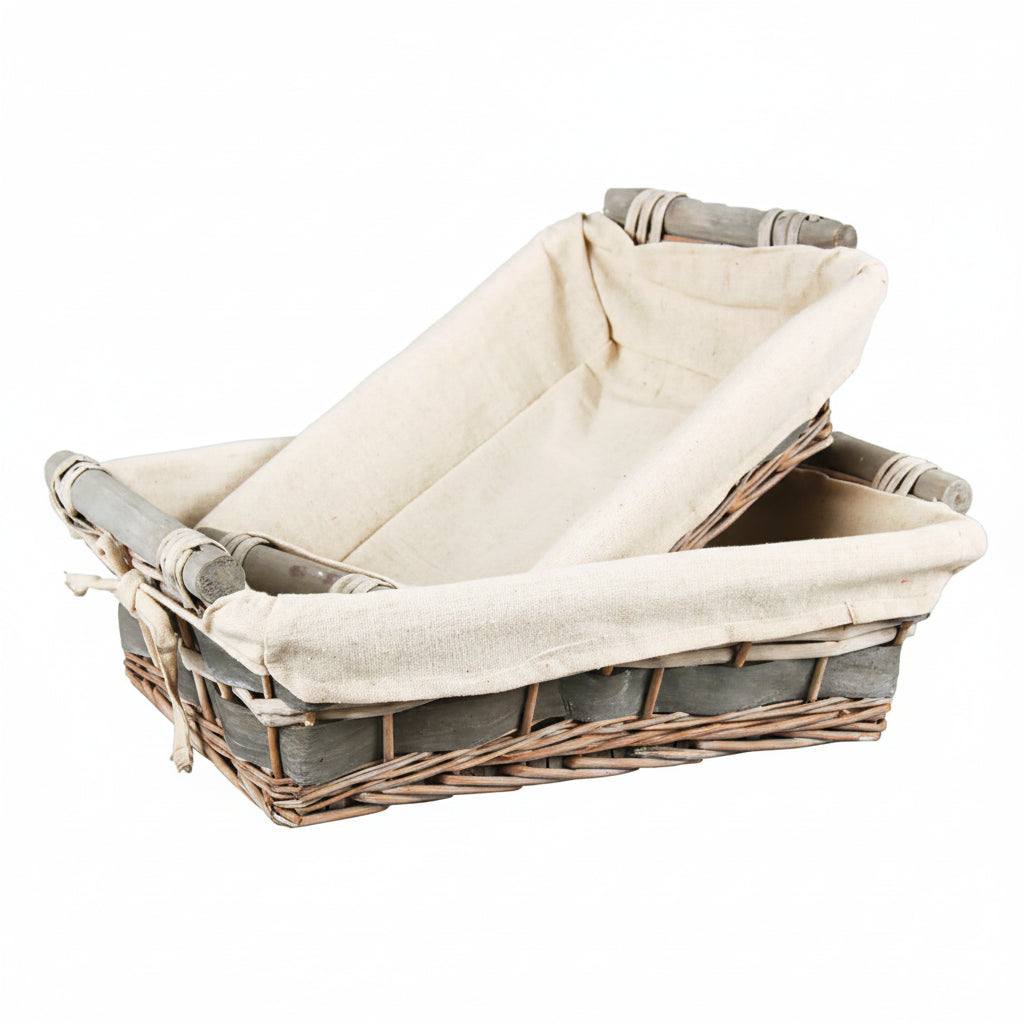 Jade basket, wicker/wood, anthracite beige fabric, rectangular, 38x28x10cm