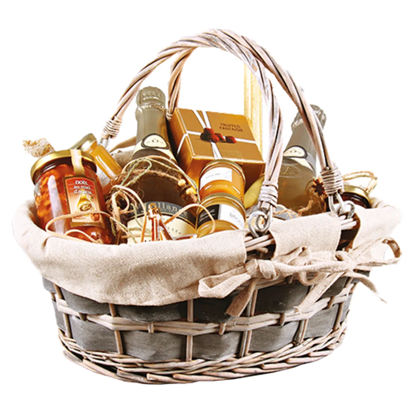 Jade basket, wicker/wood, anthracite, beige fabric, oval, 36x30x12/15cm
