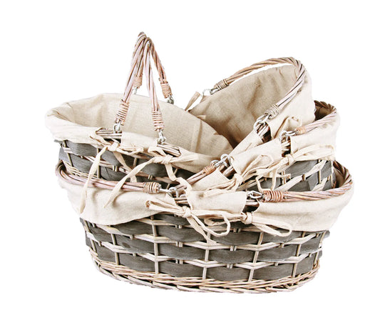 Panier Jade osier/bois anthracite tissu beige ovale 54x40x16/20cm