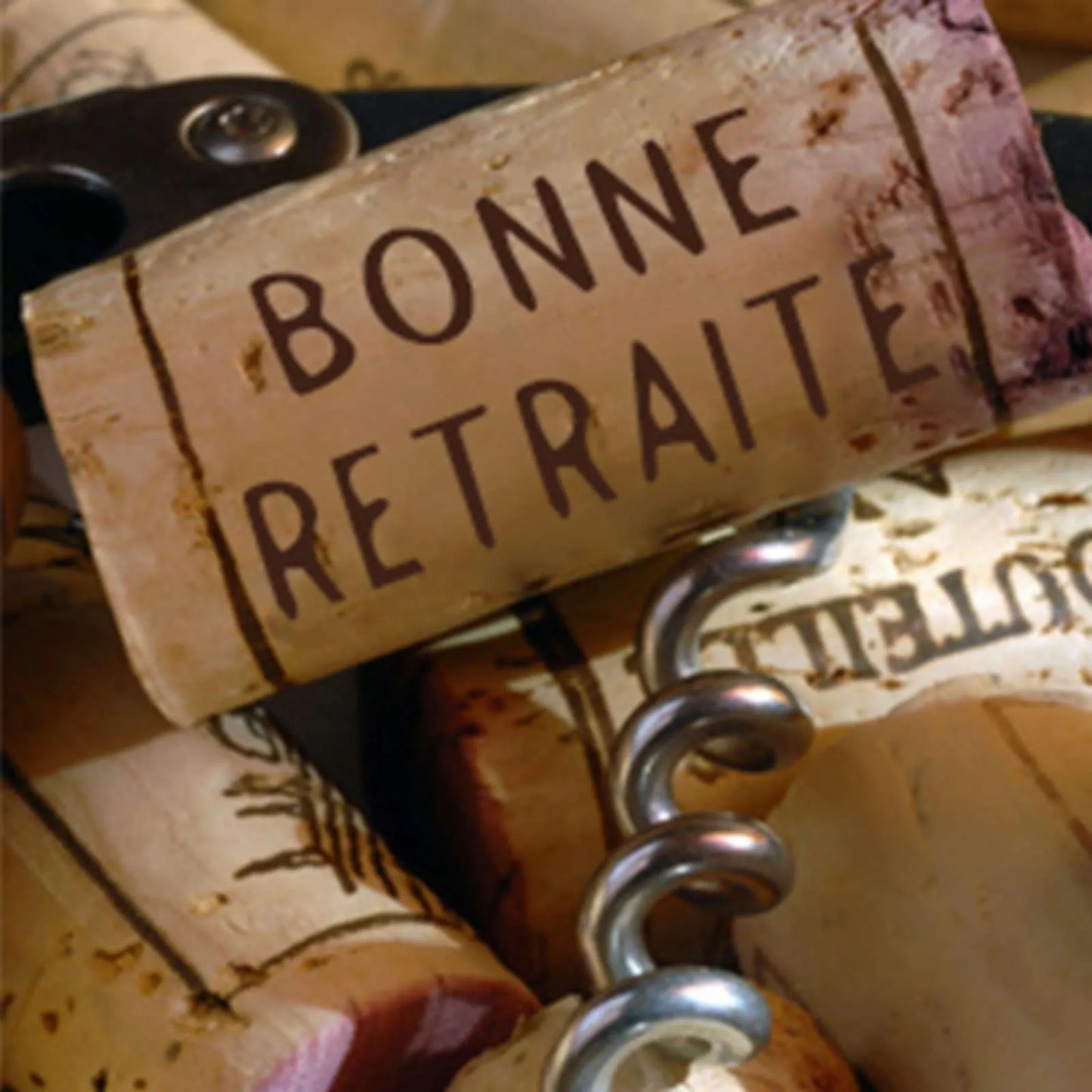 Etiquette adhésive carrée bouchons - Bonne retraite (boîte de 500)