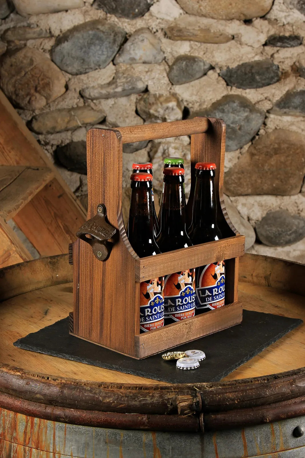 Panier Calypso bois 6 bières 33cl (long neck) décapsuleur