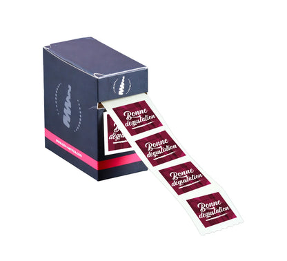 Etiquette adhésive carrée bordeaux/blanc - Bonne dégustation (boîte de 500)