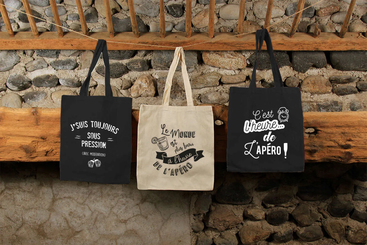Sac tote bag Chelsea toile coton noir - Cest lheure de lApéro