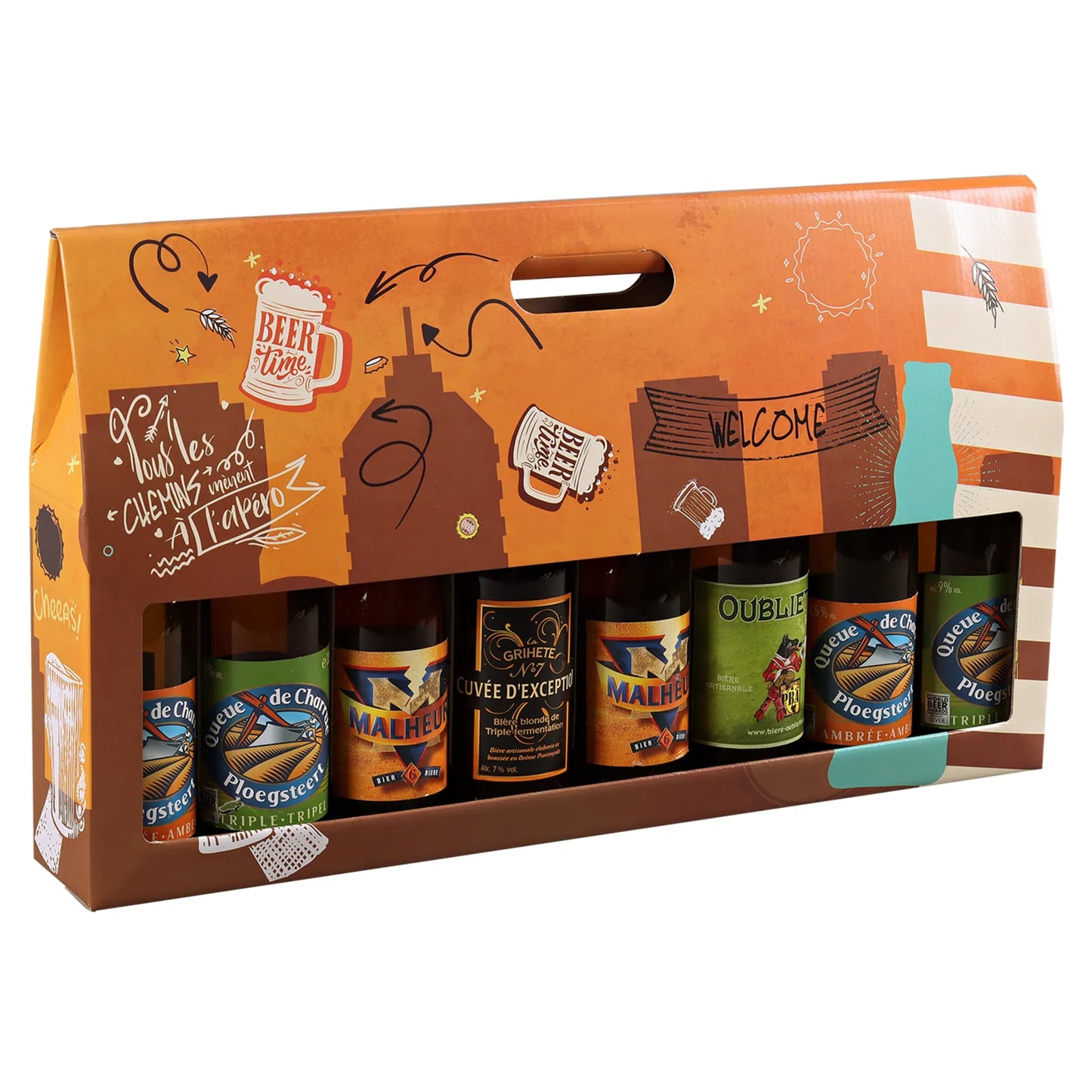 San Francisco cardboard suitcase containing 8 x 33cl beers (long neck type)