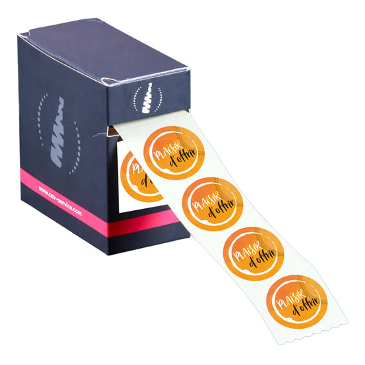 Round orange/white adhesive label - Pleasure of Giving (box of 500)