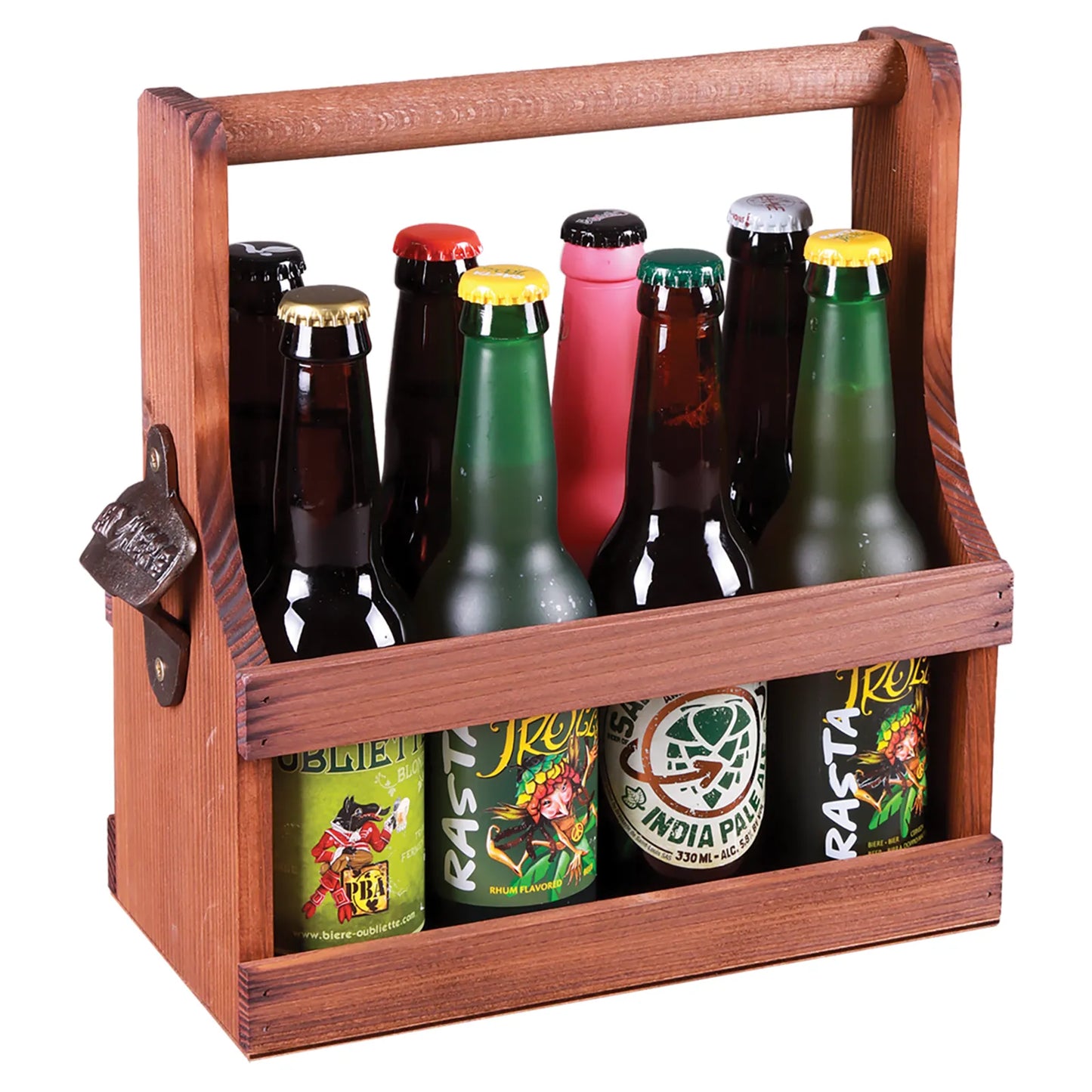 Panier Calypso bois 8 bières 33cl (long neck) décapsuleur