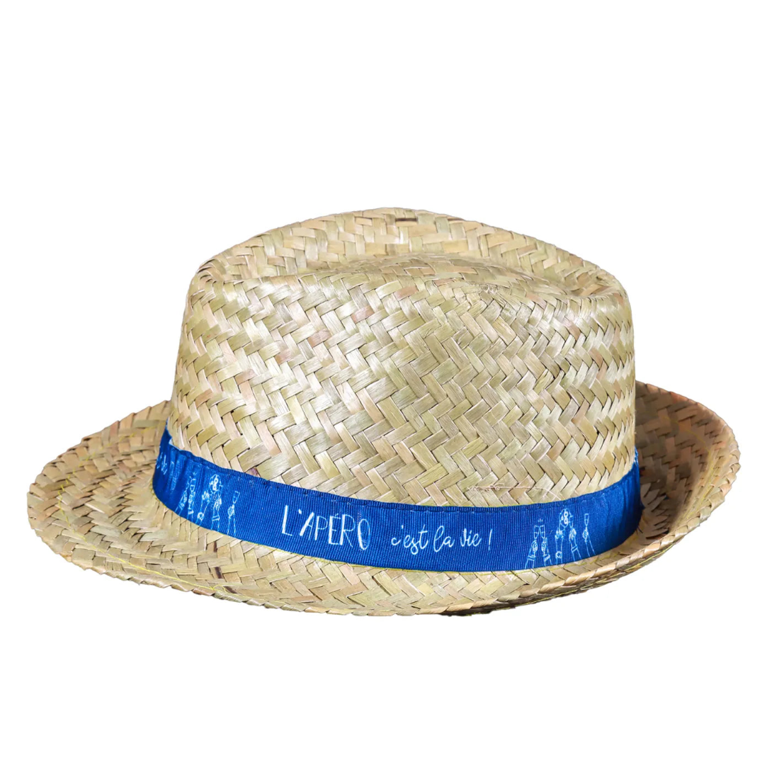 Chapeau Ernest paille bandeau bleu/blanc - Lapéro cest la vie !