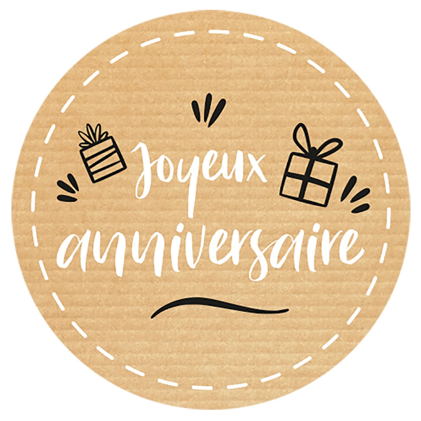 Etiquette adhésive ronde kraft/noir/blanc - Joyeux Anniversaire (boîte de 500)
