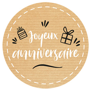 Etiquette adhésive ronde kraft/noir/blanc - Joyeux Anniversaire (boîte de 500)