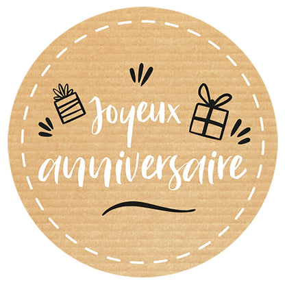 Etiquette adhésive ronde kraft/noir/blanc - Joyeux Anniversaire (boîte de 500)