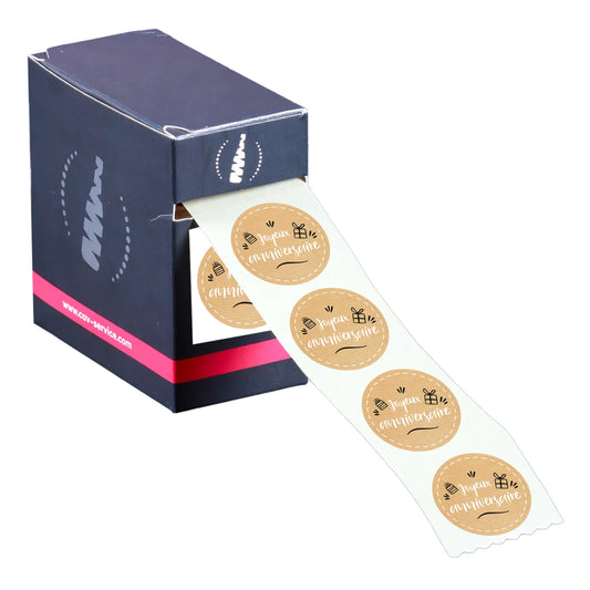 Round kraft/black/white adhesive label - Happy Birthday (box of 500)