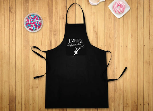 Loan black cotton canvas apron with white decoration, 90x65cm - Aperitif is life