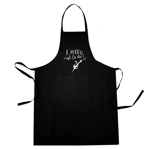 Loan black cotton canvas apron with white decoration, 90x65cm - Aperitif is life