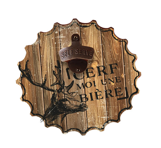Décapsuleur mural Billy bois 22cm décoré - Cerf moi une bière