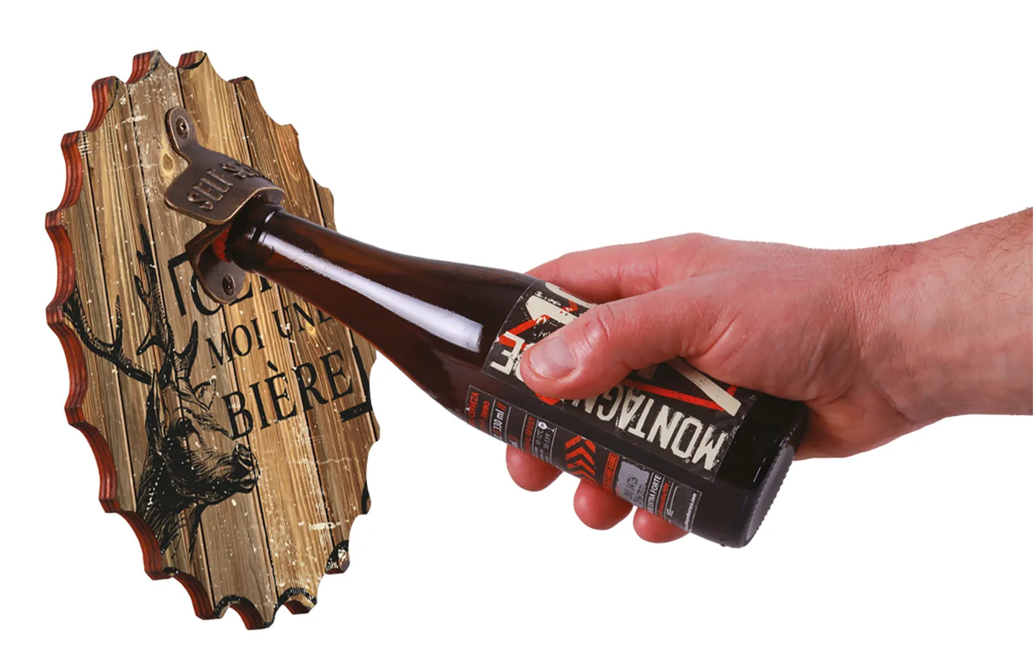 Décapsuleur mural Billy bois 22cm décoré - Cerf moi une bière