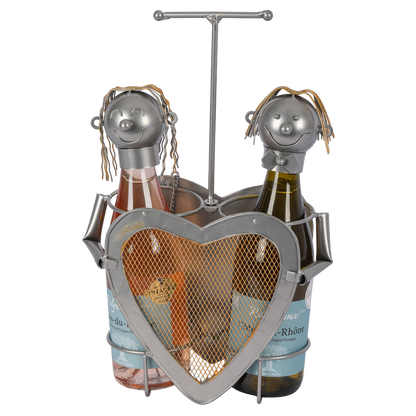 Support bouteille Félix métal gris/cuivre - Couple Coeur 2 bouteilles