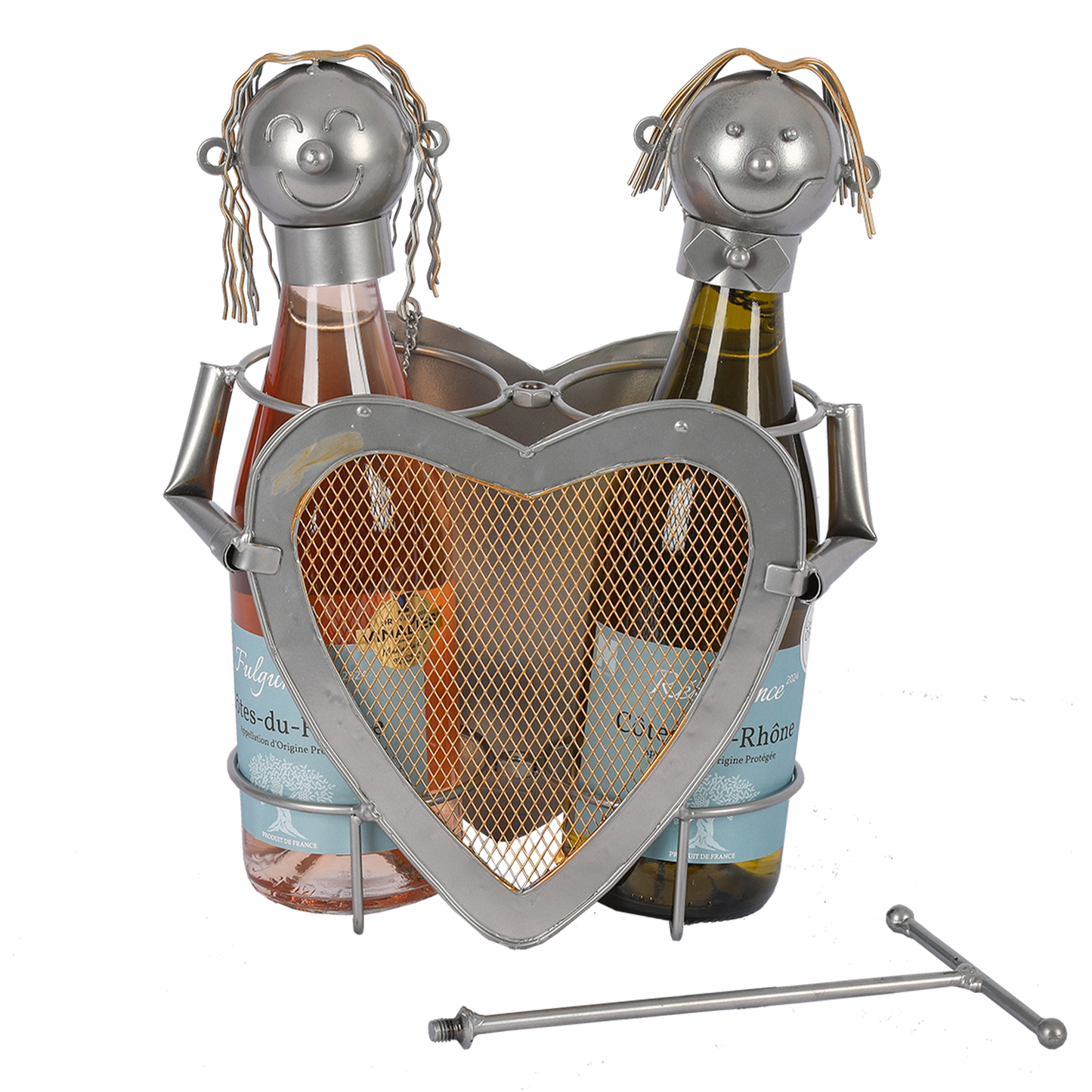 Support bouteille Félix métal gris/cuivre - Couple Coeur 2 bouteilles
