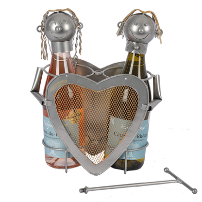 Support bouteille Félix métal gris/cuivre - Couple Coeur 2 bouteilles