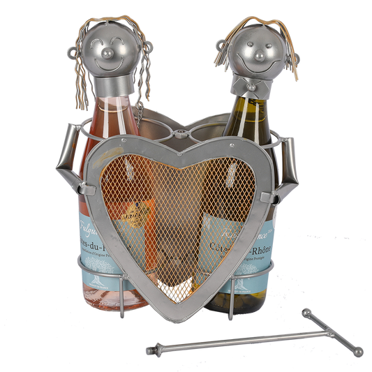 Support bouteille Félix métal gris/cuivre - Couple Coeur 2 bouteilles