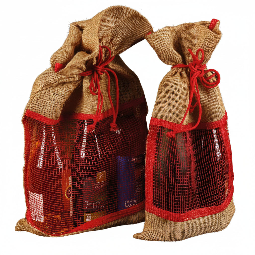 Goa jute drawstring bag with mesh window, 23x45cm