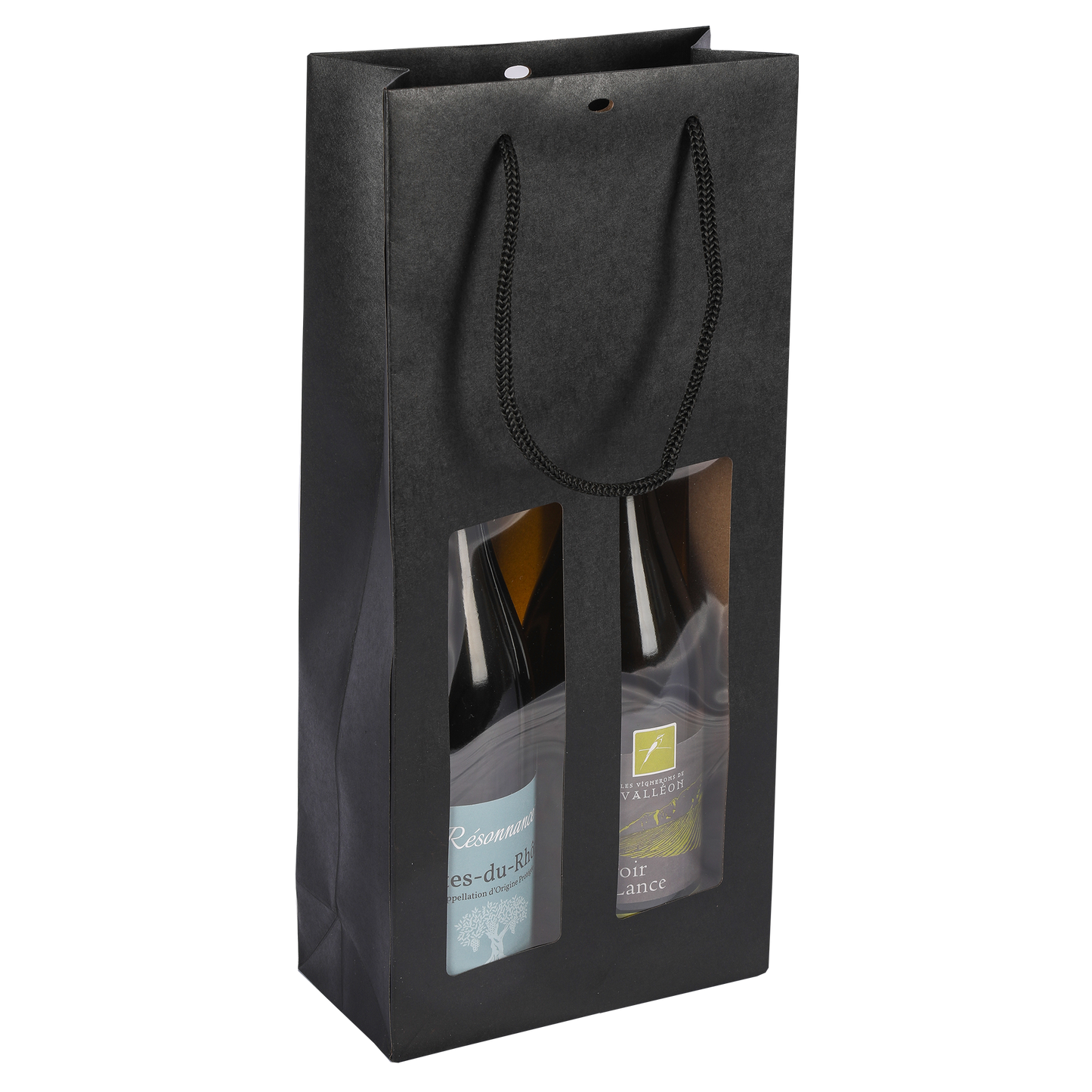 Sac Buffalo  papier kraft brun noir 2 bouteilles fenêtre PVC