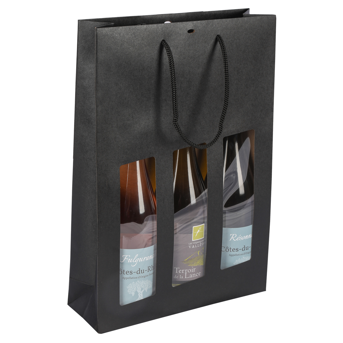 Sac Buffalo  papier kraft brun noir  3 bouteilles fenêtre PVC