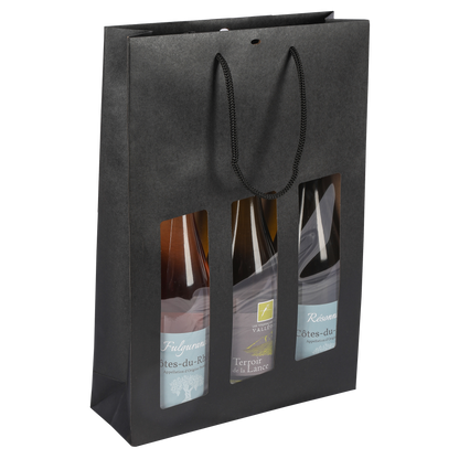 Sac Buffalo  papier kraft brun noir  3 bouteilles fenêtre PVC