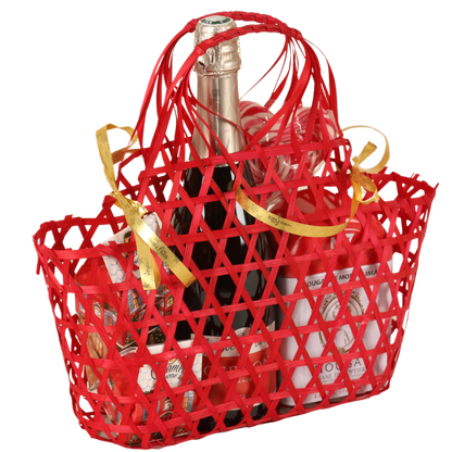 Panier Lio ajouré bambou framboise ovale 29x12x16/29cm