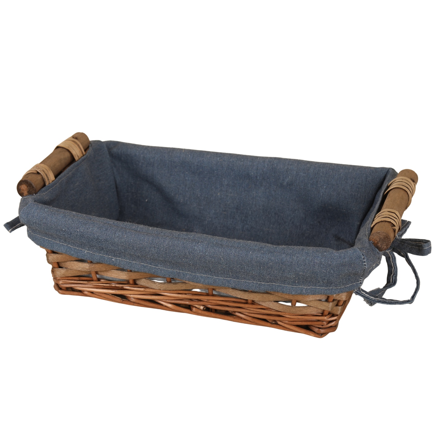 Corbeille Azur osier/bois marron tissu bleu rectangle 33x23x9cm