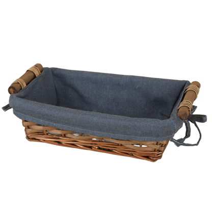 Corbeille Azur osier/bois marron tissu bleu rectangle 33x23x9cm