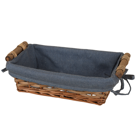 Corbeille Azur osier/bois marron tissu bleu rectangle 33x23x9cm