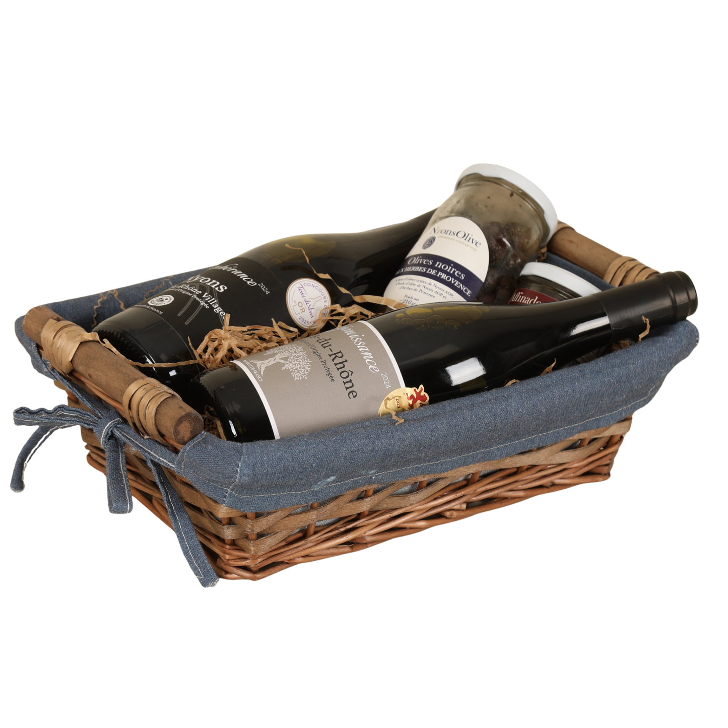 Corbeille Azur osier/bois marron tissu bleu rectangle 33x23x9cm