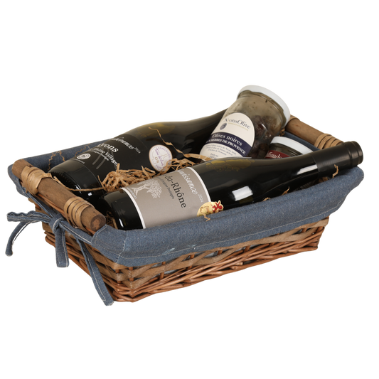 Corbeille Azur osier/bois marron tissu bleu rectangle 33x23x9cm