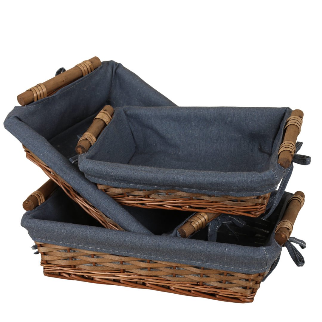 Corbeille Azur osier/bois marron tissu bleu rectangle 33x23x9cm