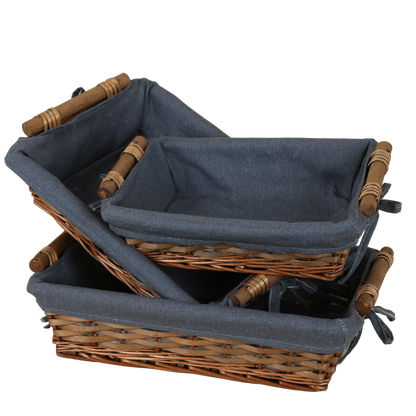Corbeille Azur osier/bois marron tissu bleu rectangle 33x23x9cm