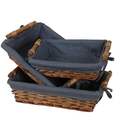 Corbeille Azur osier/bois marron tissu bleu rectangle 38x28x10cm