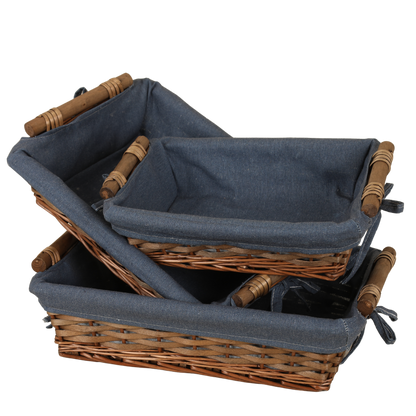 Corbeille Azur osier/bois marron tissu bleu rectangle 43x30x11cm